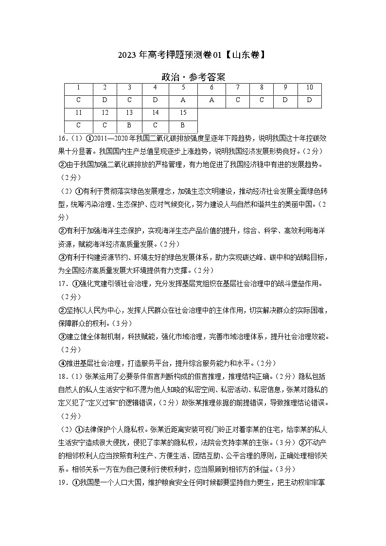 2023年高考政治押题卷01（山东卷）（参考答案）第1页