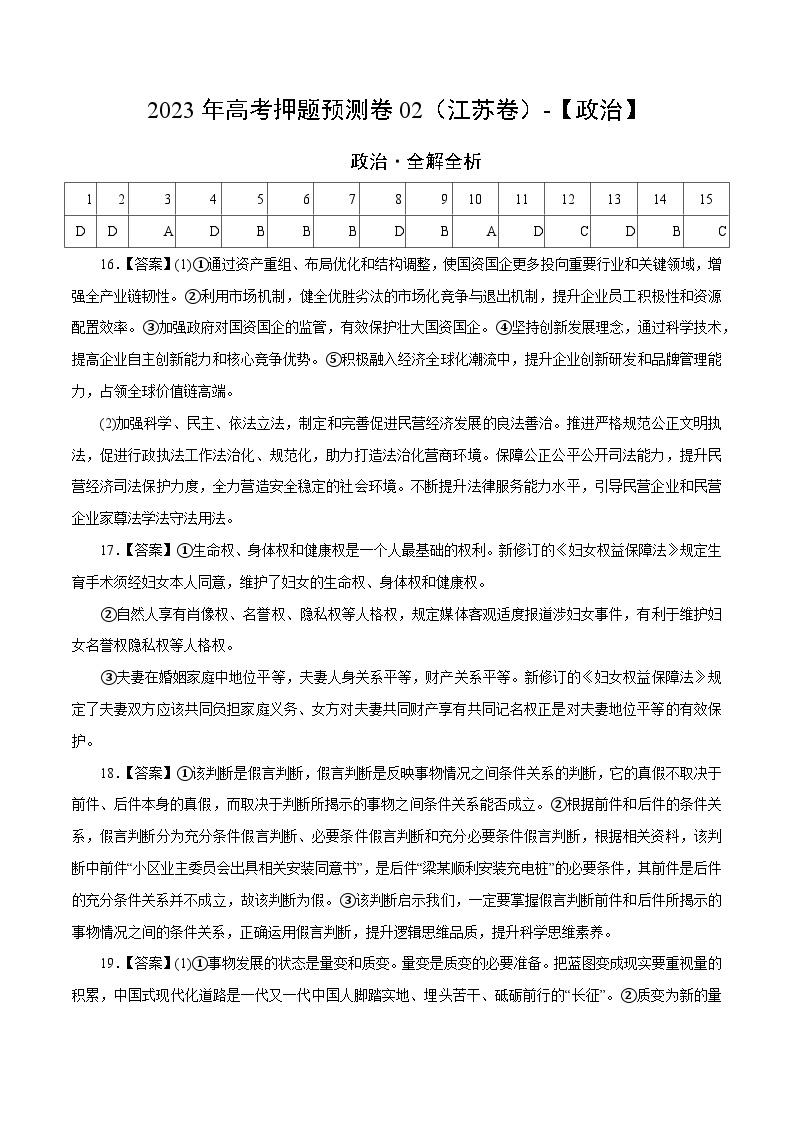 2023年高考政治押题卷02（江苏卷）（含考试版、全解全析、参考答案、答题卡）01