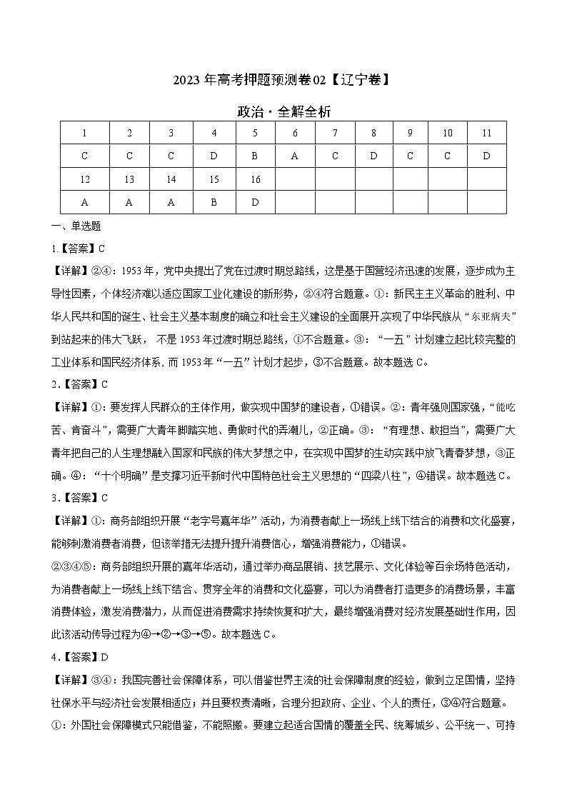 2023年高考政治押题卷02（辽宁卷）（全解全析）第1页