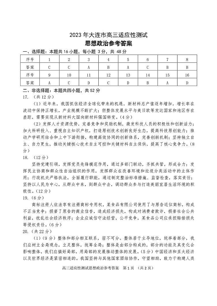2023年辽宁省大连市高三适应性测试（二）思想政治答案第1页