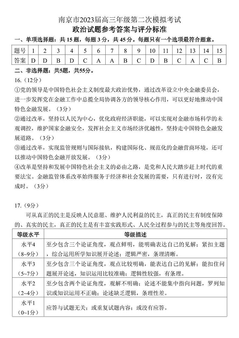江苏省南京市2022-2023高三年级下学期第二次模拟考试 政治答案01