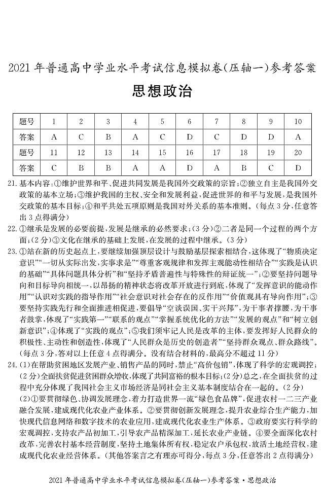 湖南省2021年6月普通高中学业水平考试信息模拟卷（压轴一）政治试题 PDF版01