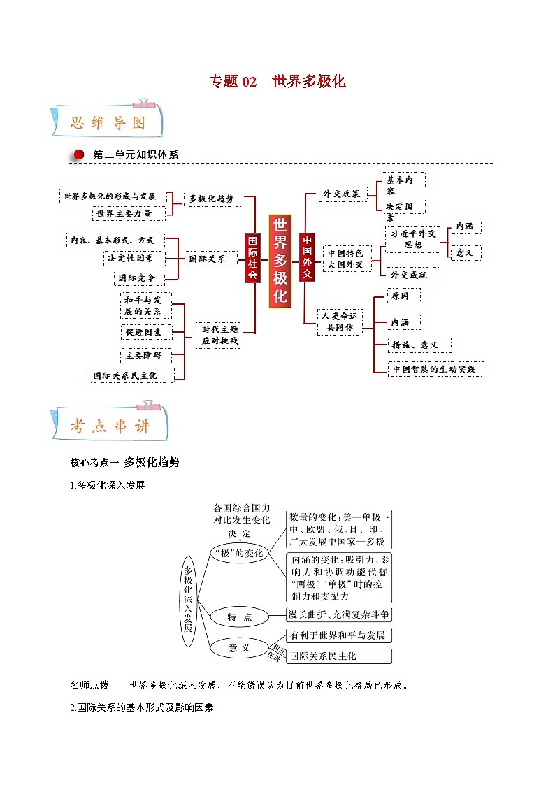 专题02 世界多极化——2022-2023学年高二年级政治下学期期末知识点精讲+训练学案（统编版）01