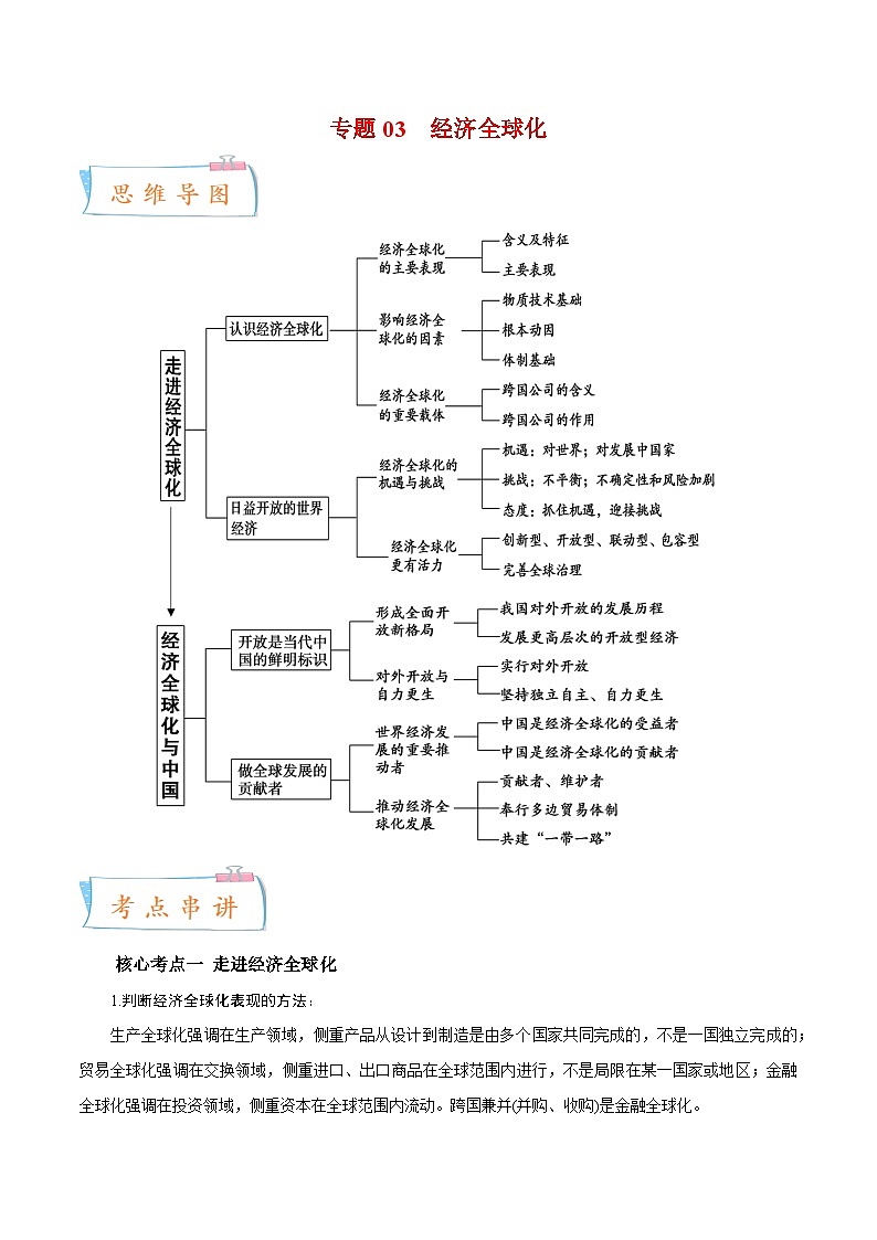 专题03  经济全球化（知识点清单）——2022-2023学年高二年级政治下学期期末知识点精讲+训练学案（部编版）第1页