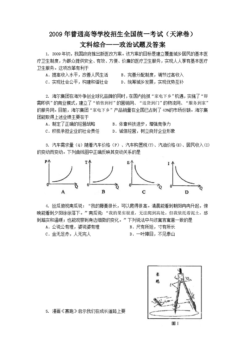2009年高考试题(天津卷)文综政治(word答案)第1页