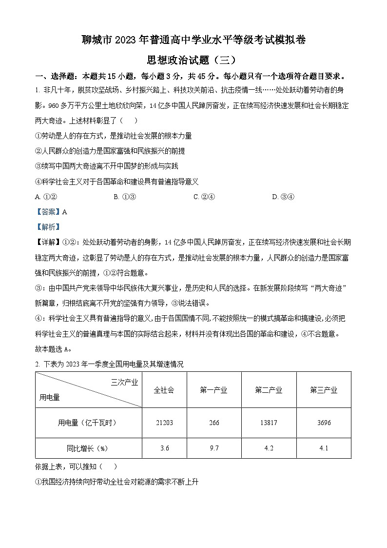 精品解析：山东省聊城市2023届高三三模政治试题（解析版）01