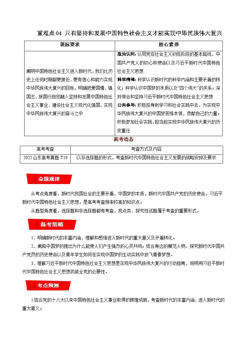 重难点04 只有坚持和发展中国特色社会主义才能实现中华民族伟大复兴-高考政治专练 （新教材新高考）01