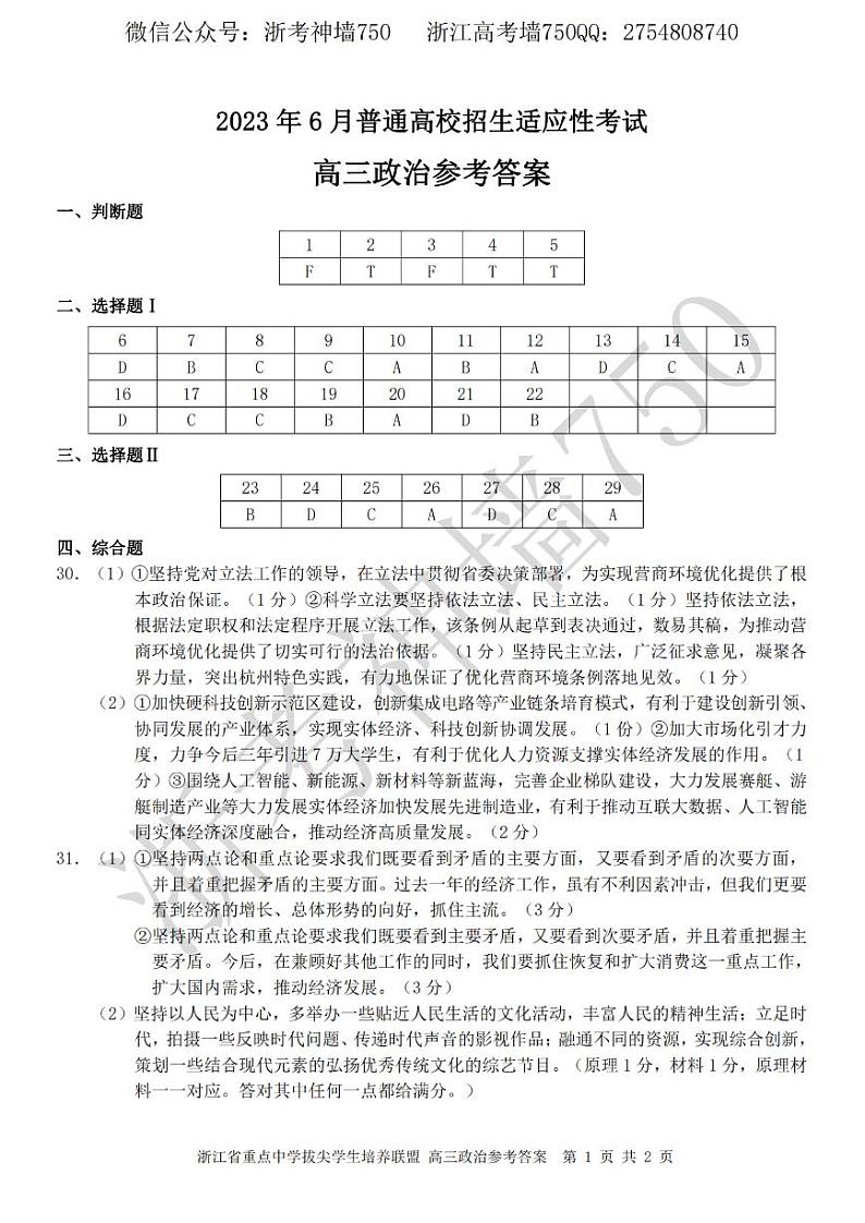 2023浙江省重点中学拔尖学生培养联盟高三下学期6月适应性考试政治PDF版含答案01
