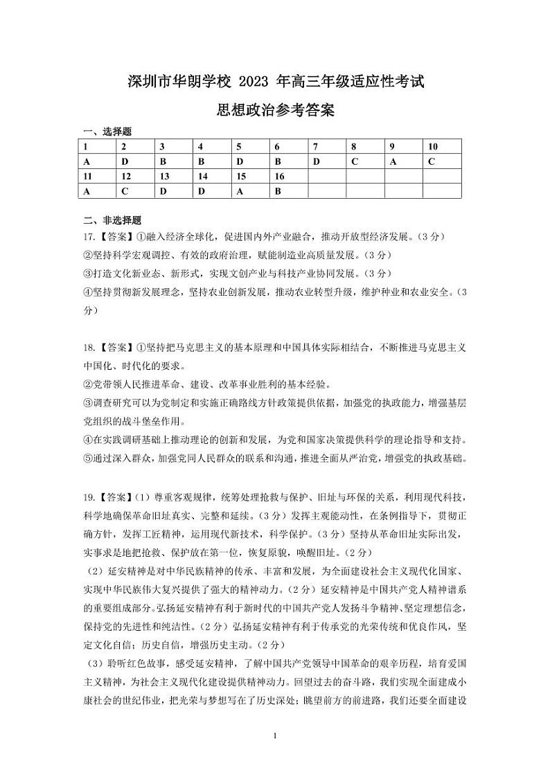 深圳市华朗学校2023年高三年级适应性考试思想政治答案第1页