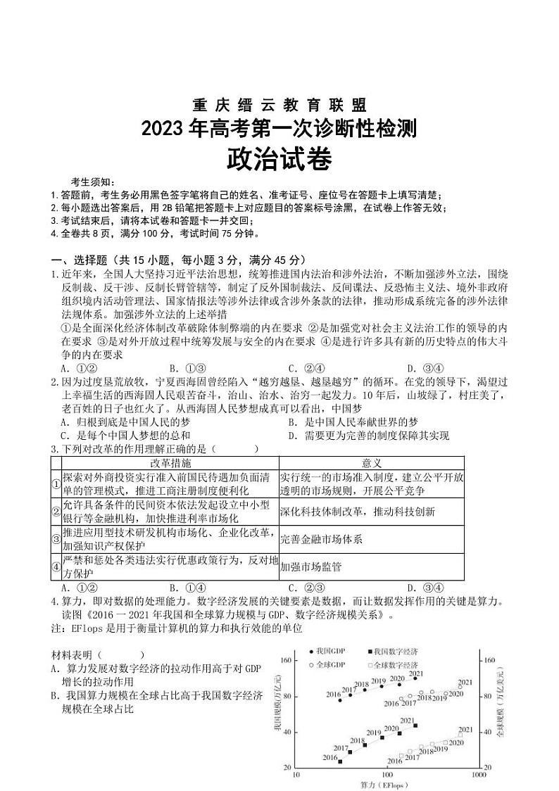 重庆市缙云教育联盟2023届高三上学期第一次诊断性检测政治试卷+答案01