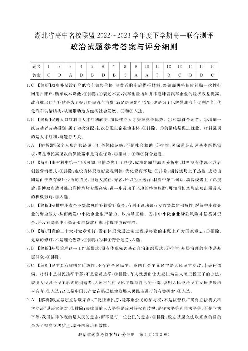 湖北省高中名校联盟2022-2023学年高一下学期5月联合测评政治试题答案第1页