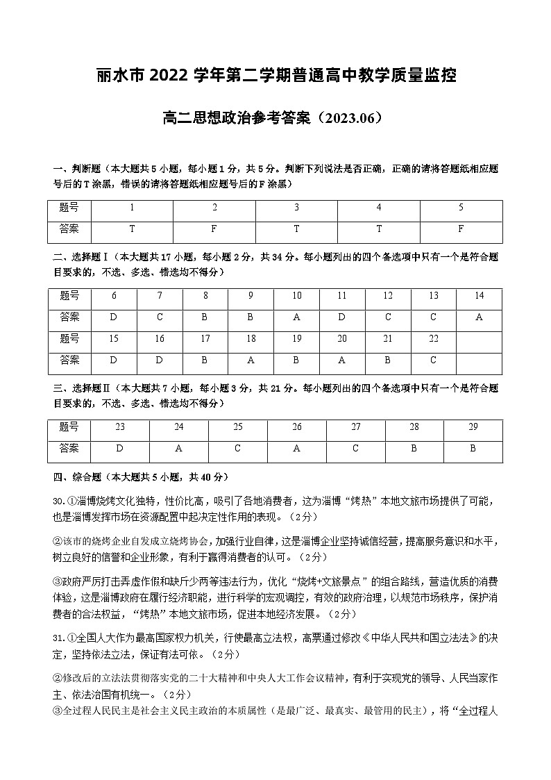 浙江省丽水市2022-2023学年高二下学期普通高中期末教学质量监控政治参考答案第1页