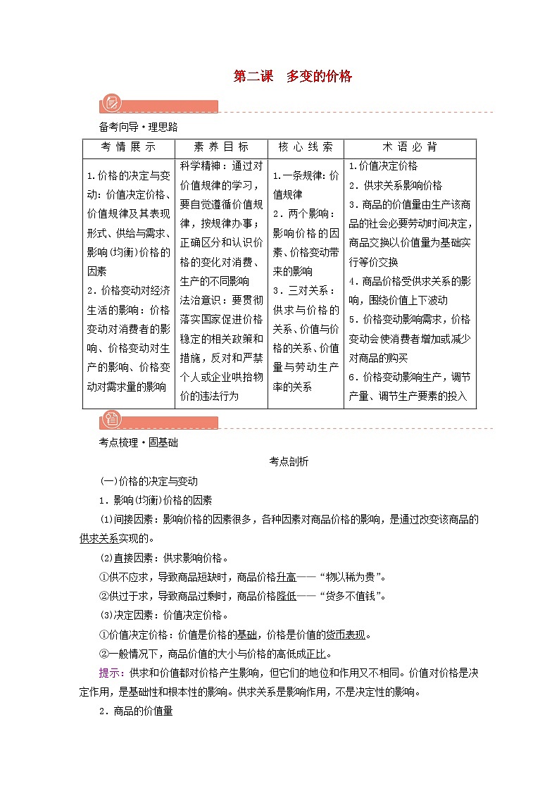 2022版高考政治一轮复习第一单元生活与消费第2课多变的价格学案新人教版必修1第1页