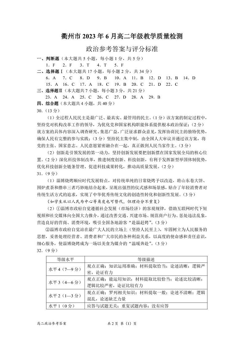2023衢州高二下学期期末考试政治试题含答案01