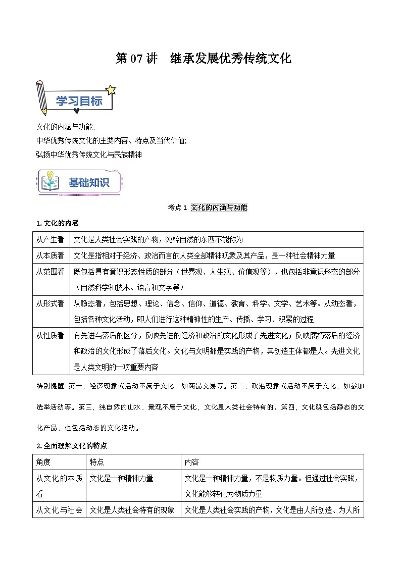 【暑假提升】统编版政治高一（升高二）暑假预习-（必修4）第07讲 继承发展中华优秀传统文化 讲学案01