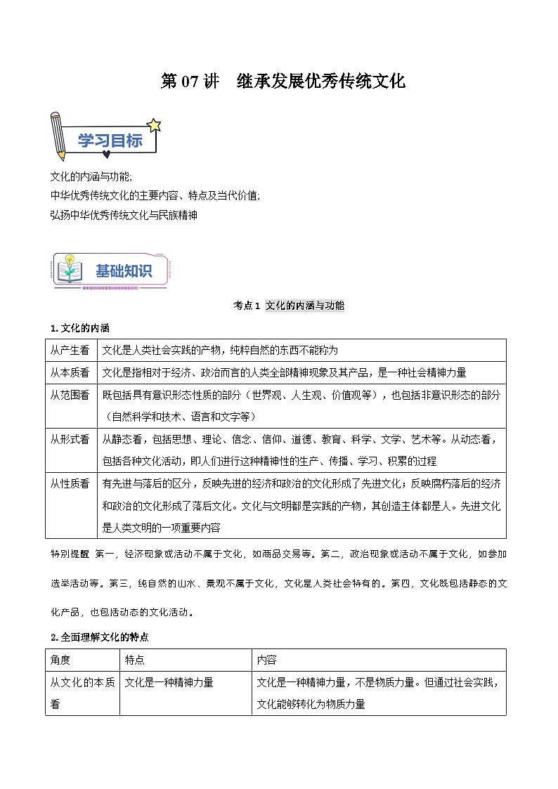 【暑假提升】统编版政治高一（升高二）暑假预习-（必修4）第07讲 继承发展中华优秀传统文化 讲学案01
