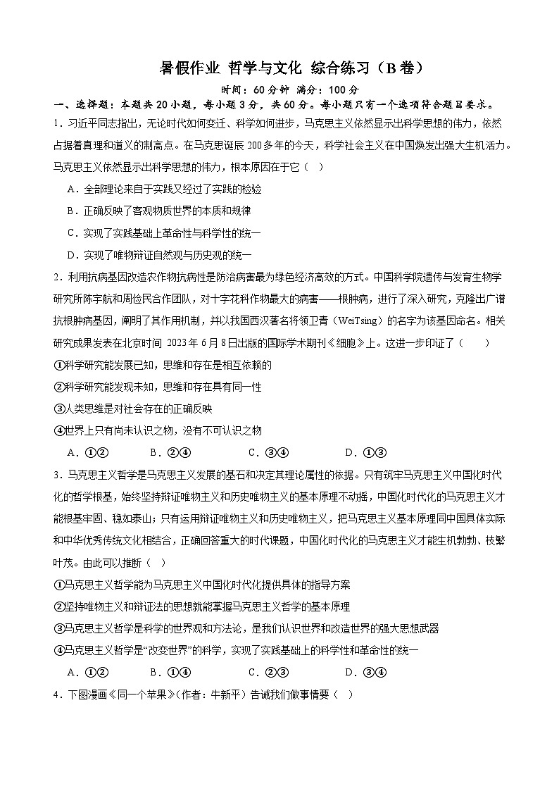暑假作业 哲学与文化 综合练习（B卷） 2022-2023学年统编版高中政治必修四哲学与文化01