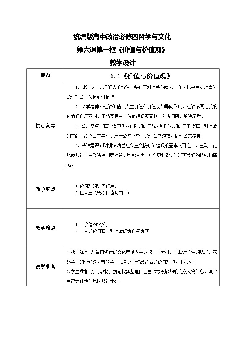 【核心素养目标】新教材必修四《哲学与文化》6.1价值与价值观 课件+教案+练习题（答案）01