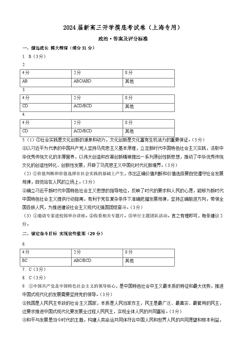 【新高三摸底】2024届新高三-政治开学摸底考试卷（上海专用）01