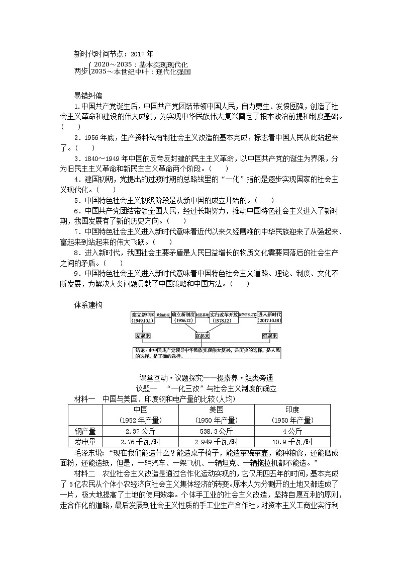 新教材2023版高中政治第一单元中国共产党的领导第一课历史和人民的选择课时2中国共产党领导人民站起来富起来强起来学案部编版必修303