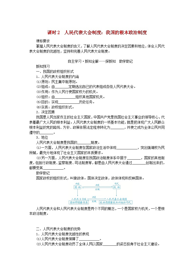 新教材2023版高中政治第二单元人民当家作主第五课我国的根本政治制度课时2人民代表大会制度：我国的根本政治制度学案部编版必修301