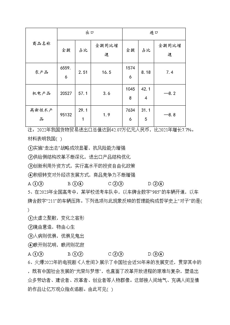 四川省内江市2024届高三零模考试政治试卷（含答案）第2页