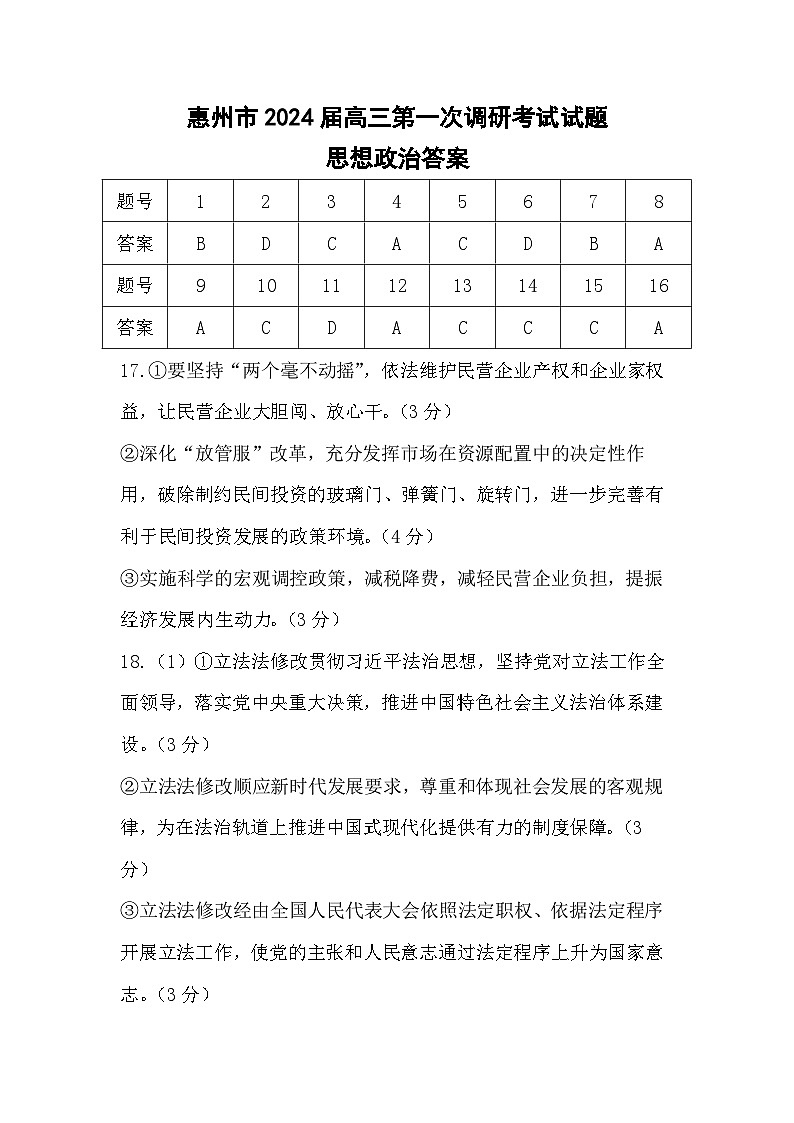 2024届广东省惠州市高三调研考试（高二下学期期末）政治试题（含答案）01