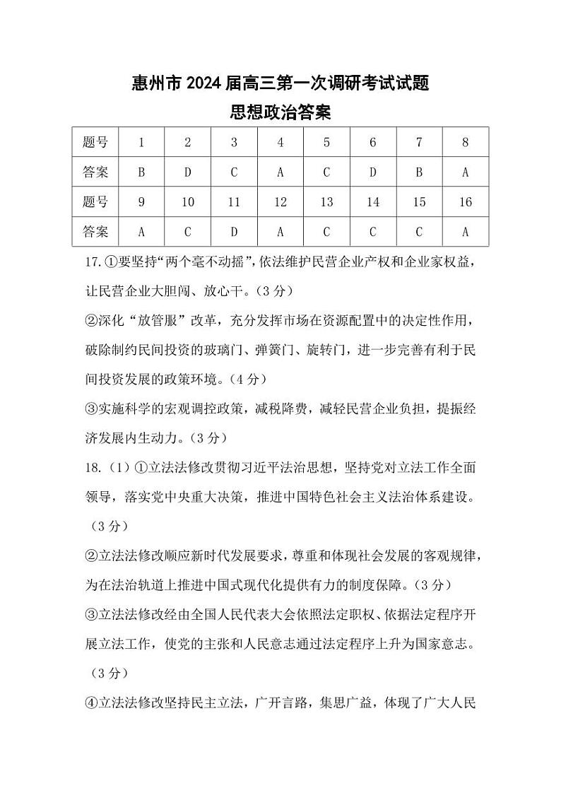 2024惠州高三上学期第一次调研考试政治PDF版含答案01
