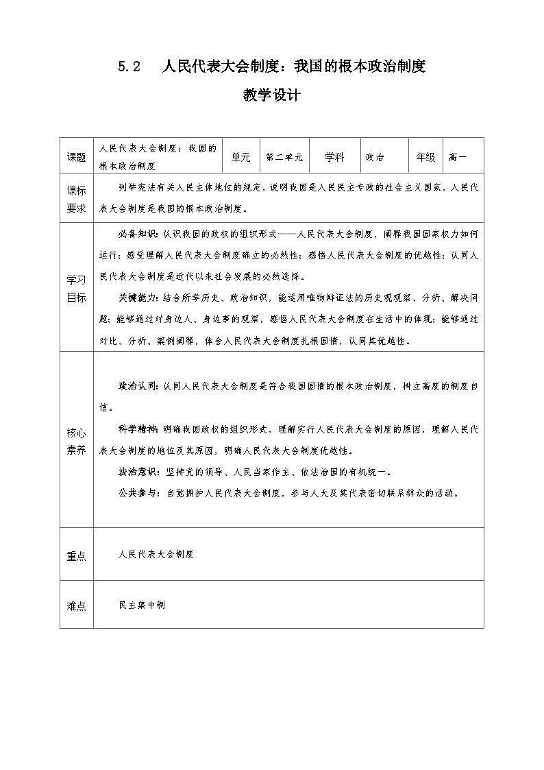 5.2《人民代表大会制度：我国的根本政治制度》课件+教案+素材-人教统编版道法必修3政治与法治01