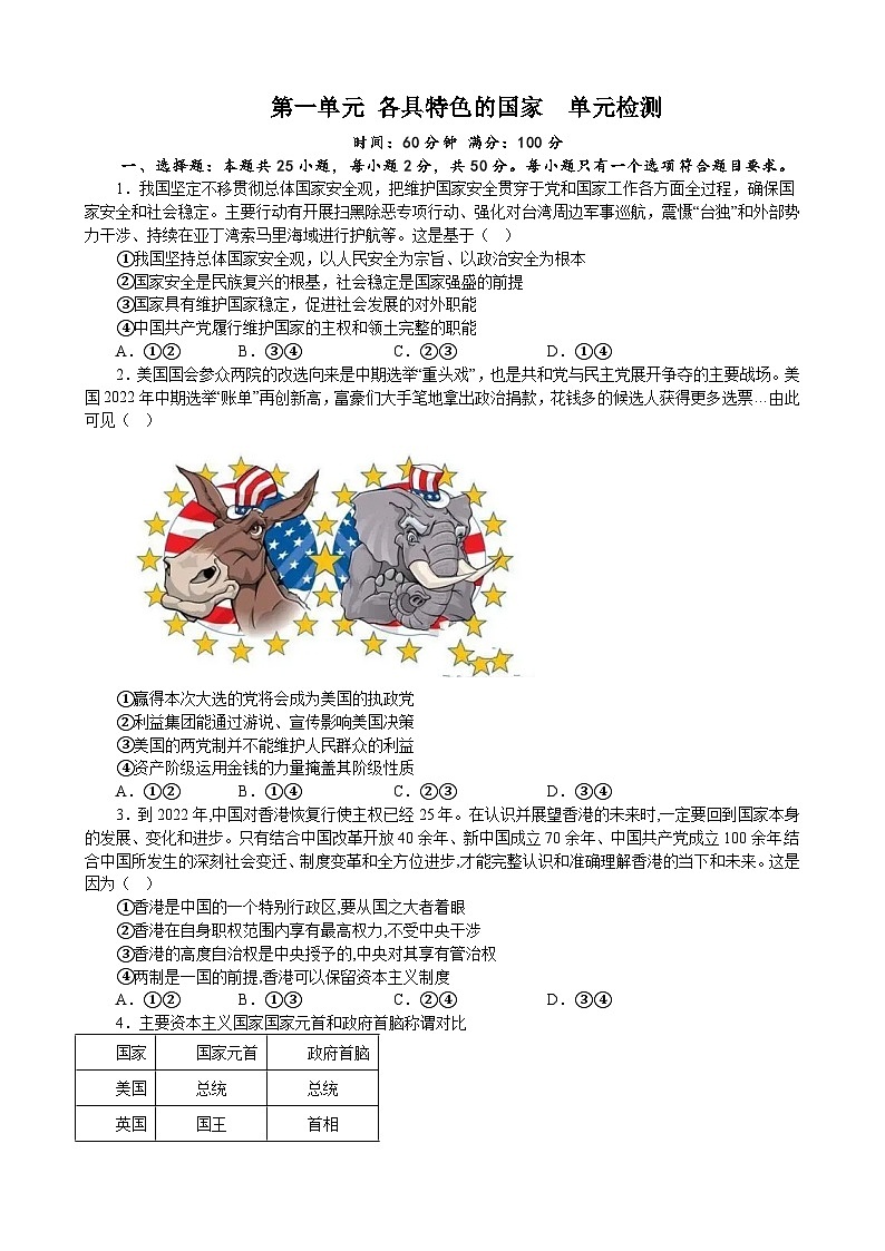 【单元检测】统编版高中政治选修第一册--第一单元 各具特色的国家 单元检测201
