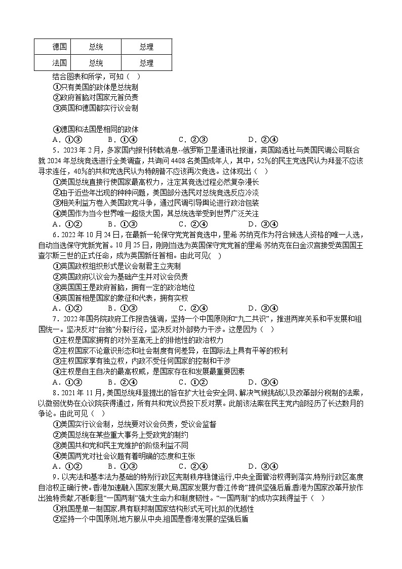 【单元检测】统编版高中政治选修第一册--第一单元 各具特色的国家 单元检测202