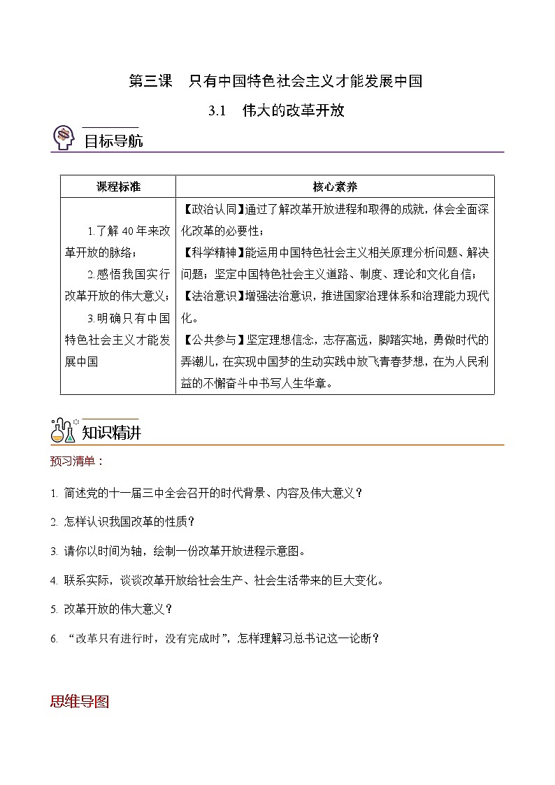 【同步讲义】统编版高中政治必修一：3.1 伟大的改革开放 讲义01