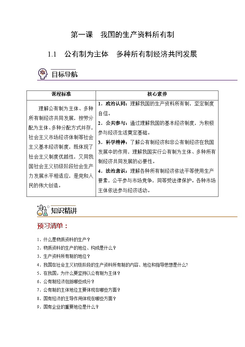 【同步讲义】统编版高中政治必修二：1.1 公有制为主体 多种所有制经济共同发展 讲义（知识精讲+必备术语+分层提分）01
