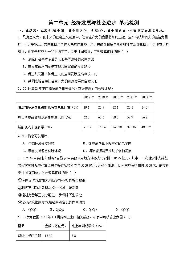 第二单元 经济发展与社会进步 单元检测 2023-2024学年度高中政治统编版必修二 经济与社会第1页