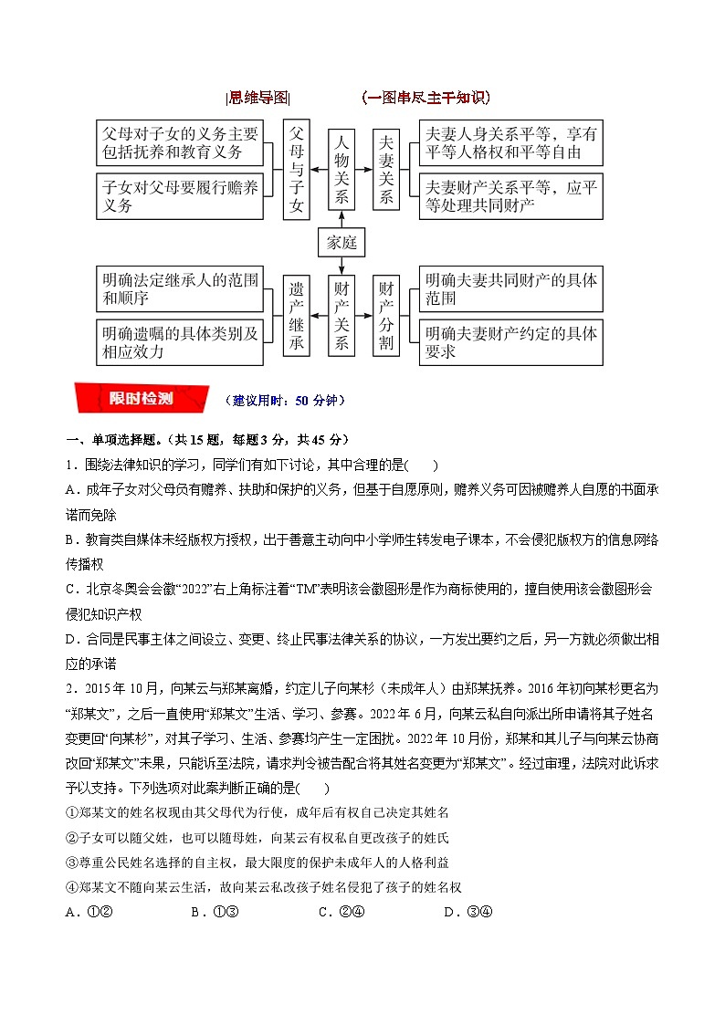 重难点18 家庭与婚姻-2023年高考政治【热点·重点·难点】专练（新教材新高考）（原卷版）02