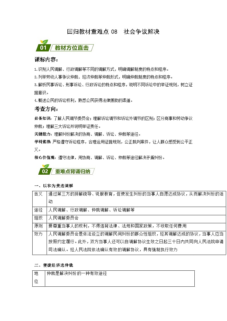 回归教材重难点08 社会争议的解决-【查漏补缺】2023年高考政治三轮冲刺过关（新高考专用）（原卷版）第1页
