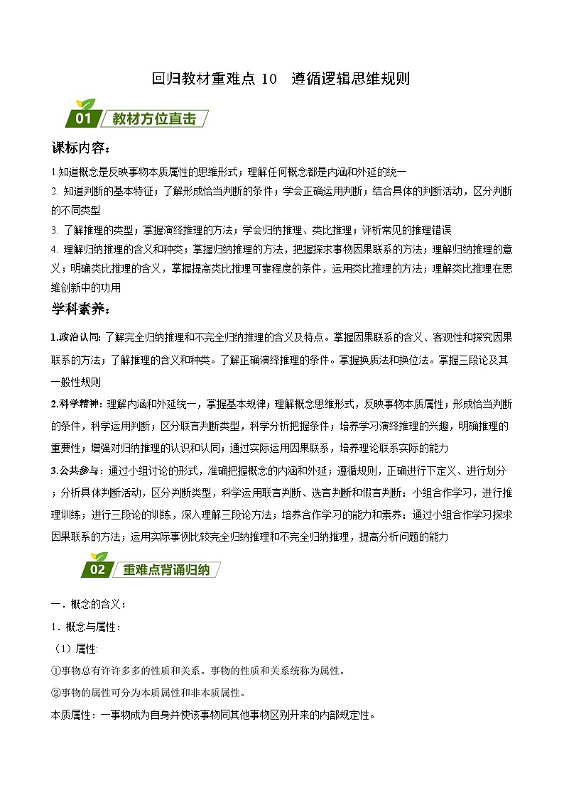 回归教材重难点10  遵循逻辑思维规则-【查漏补缺】2023年高考政治三轮冲刺过关（新高考专用）（原卷版）01