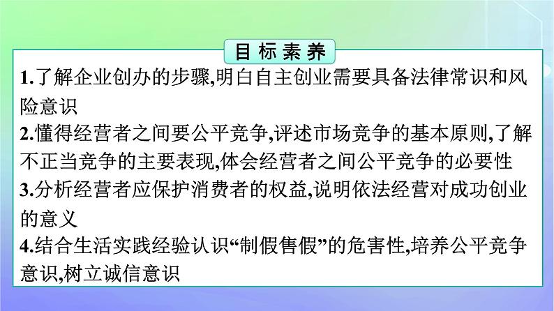 广西专版2023_2024学年新教材高中政治第3单元就业与创业第8课自主创业与诚信经营第1框自主创业公平竞争课件部编版选择性必修204