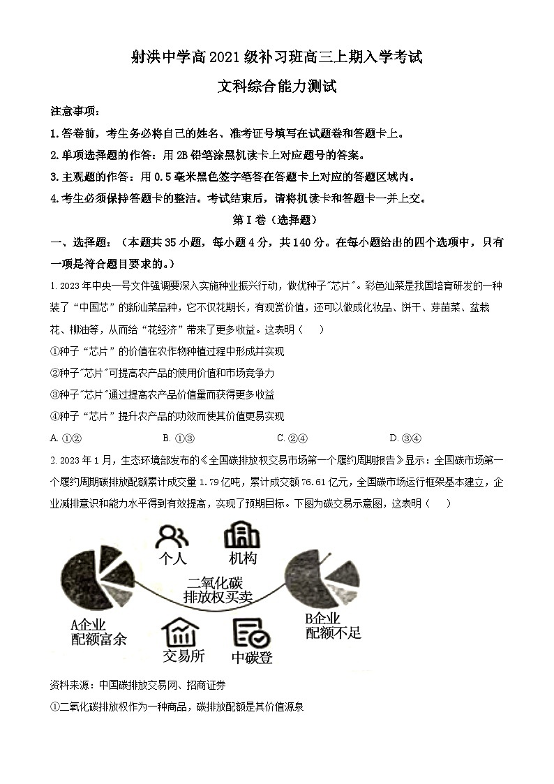 2024遂宁射洪中学高三（补习班）上学期入学考试文综政治试题含解析01