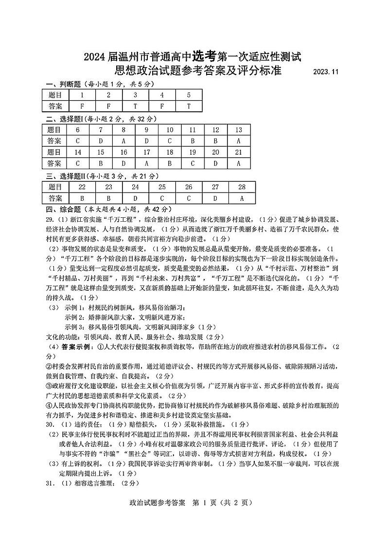 浙江省温州市普通高中2024届高三上学期第一次适应性考试（温州一模）政治试题及答案01