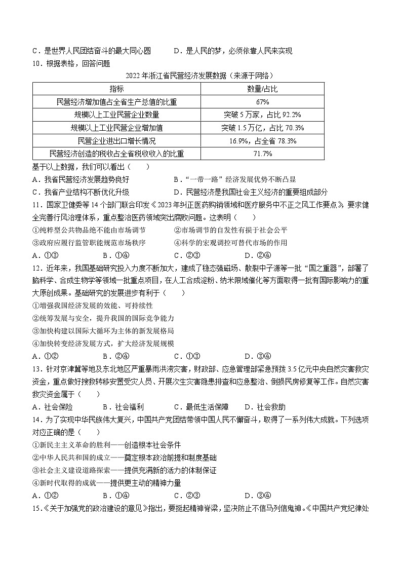浙江省9+1高中联盟2023-2024学年高二上学期11月期中联考政治试题(无答案)第2页