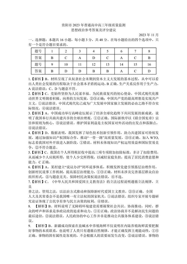 2024届贵州省贵阳市普通高中高三上学期质量监测政治答案第1页