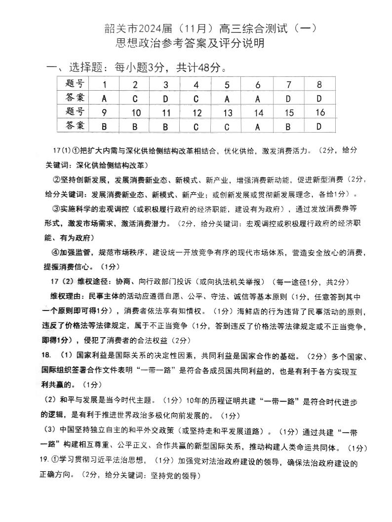 2024韶关高三上学期综合测试（一）政治PDF版含答案01