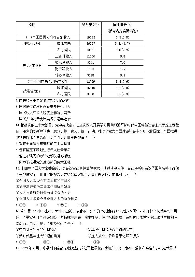 2024浙江省稽阳联谊学校高三上学期11月联考试题政治含答案03