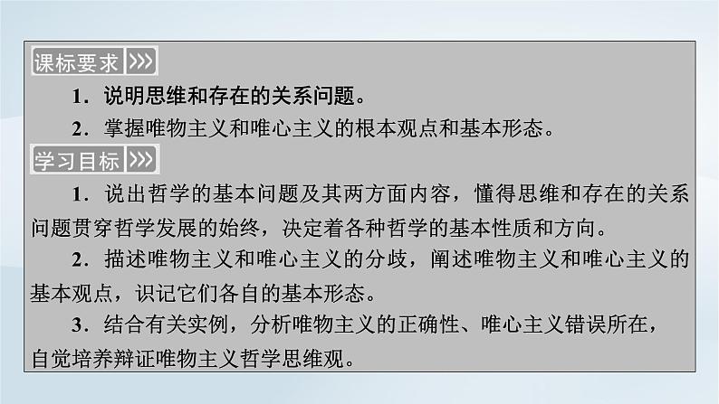 新教材适用2023_2024学年高中政治第1单元探索世界与把握规律第1课时代精神的精华第2框哲学的基本问题课件部编版必修405