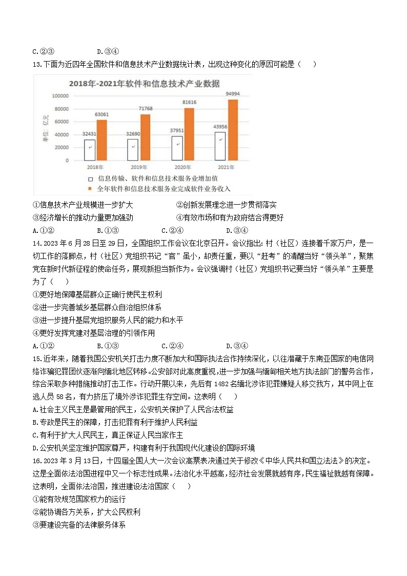 2024浙江省91高中联盟高三上学期期中联考试题政治含解析03