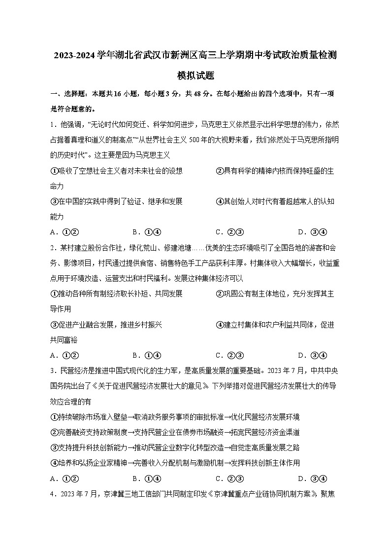 2023-2024学年湖北省武汉市新洲区高三上学期期中考试政治质量检测模拟试题（含答案）01