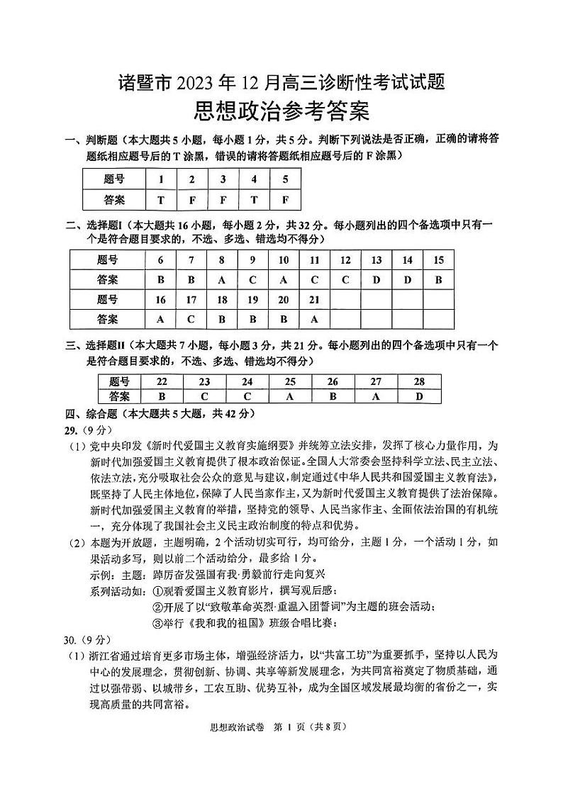 浙江省诸暨市2023年12月高三适应性考试 政治参考答案第1页
