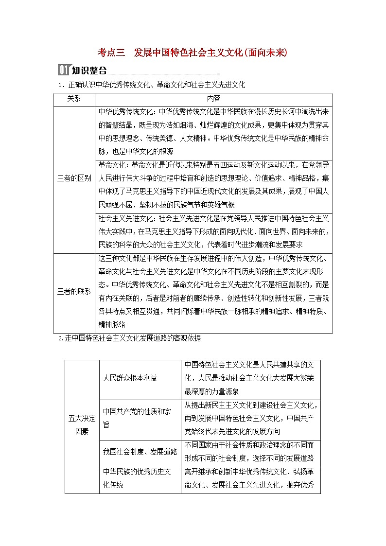 2024届高考政治二轮专题复习与测试必修部分专题九文化传承与文化创新考点三发展中国特色社会主义文化面向未来01