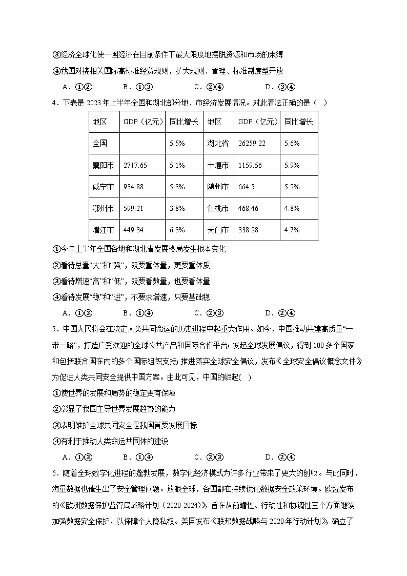 【高考政治】2023-2024学年湖北省武汉市仿真模拟试题（二模）含解析02